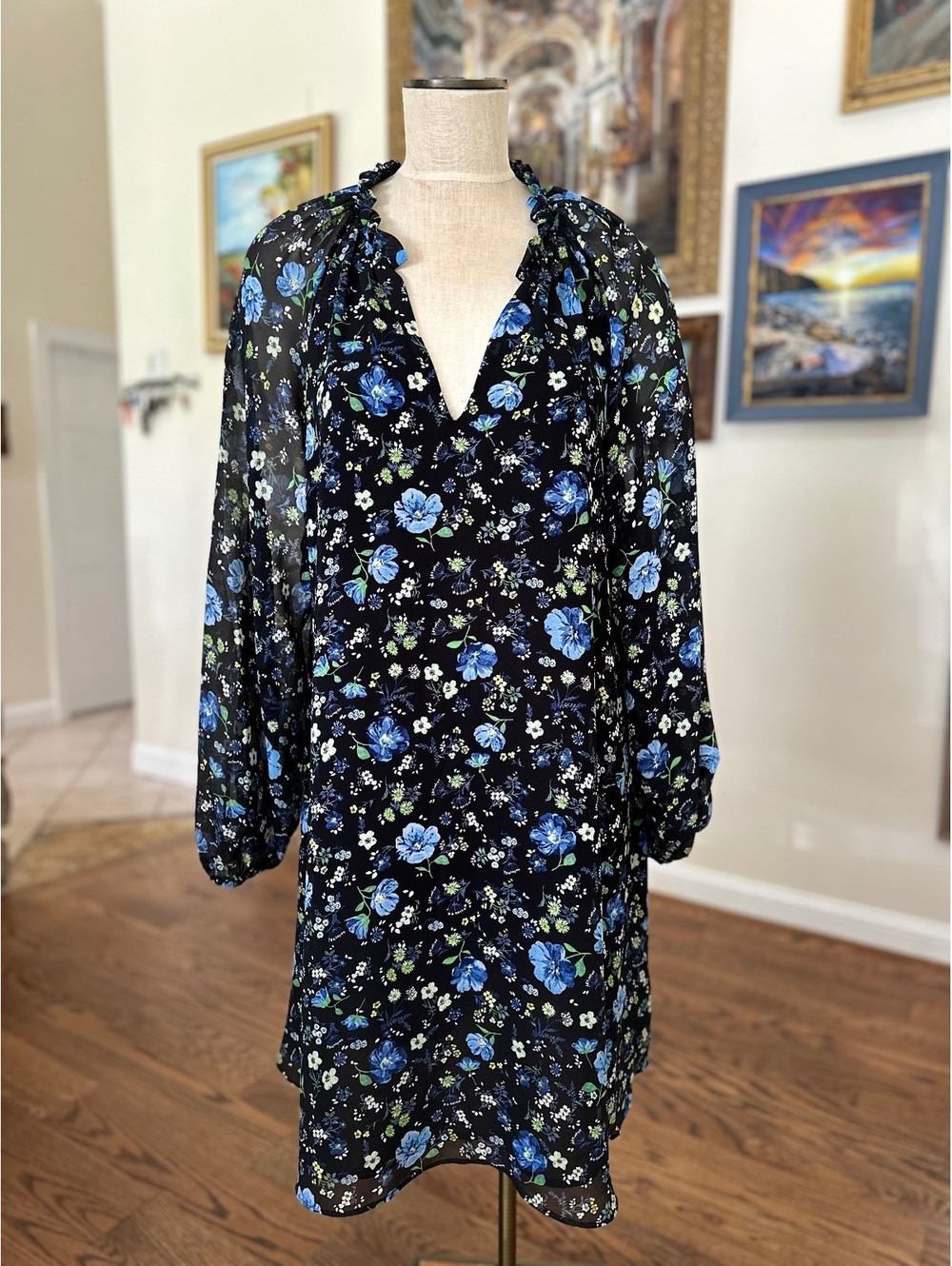 Banana Republic Floral Boho Dress Balloon Sleeves Ruffled V-Neckline Size L